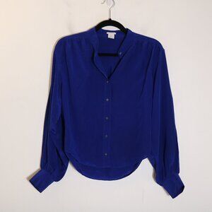 Club Monaco 100% Silk Royal Blue Button Down Blouse Womens Small Preppy Classic